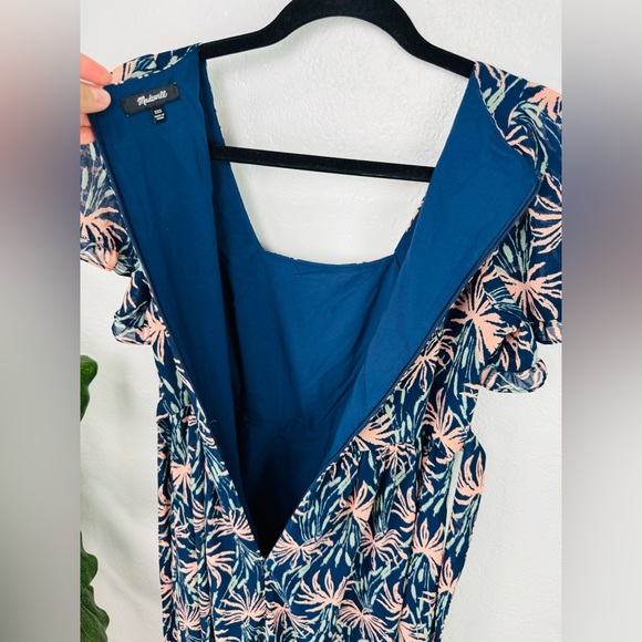 Madewell Ruffle-Sleeve Midi Chiffon Blue Peach Dress Oasis Palms - Picture 6 of 7